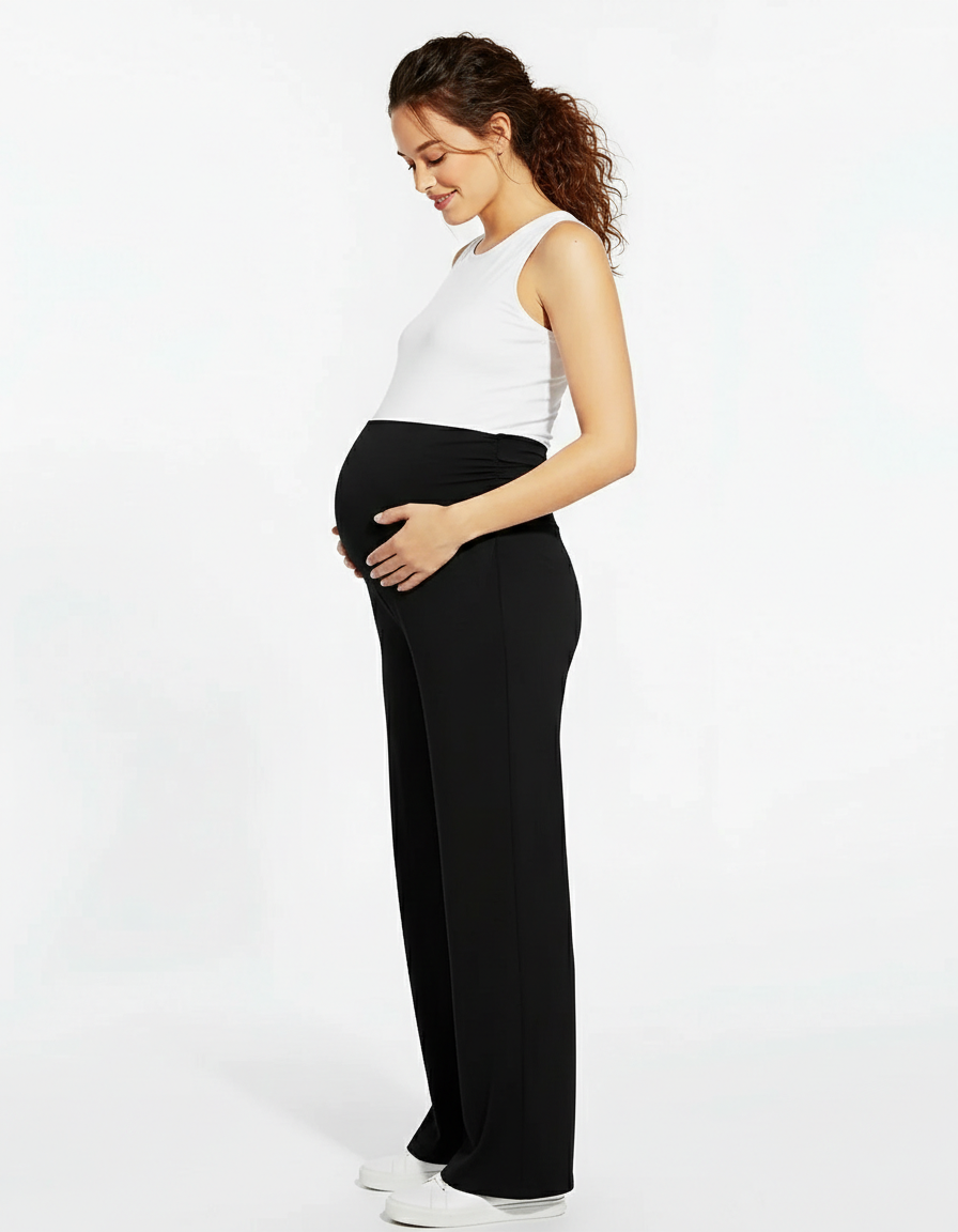 Bump Society – The Comfort Collection: Ruched Over Belly Wide Leg Maternity Pants-Bump Society