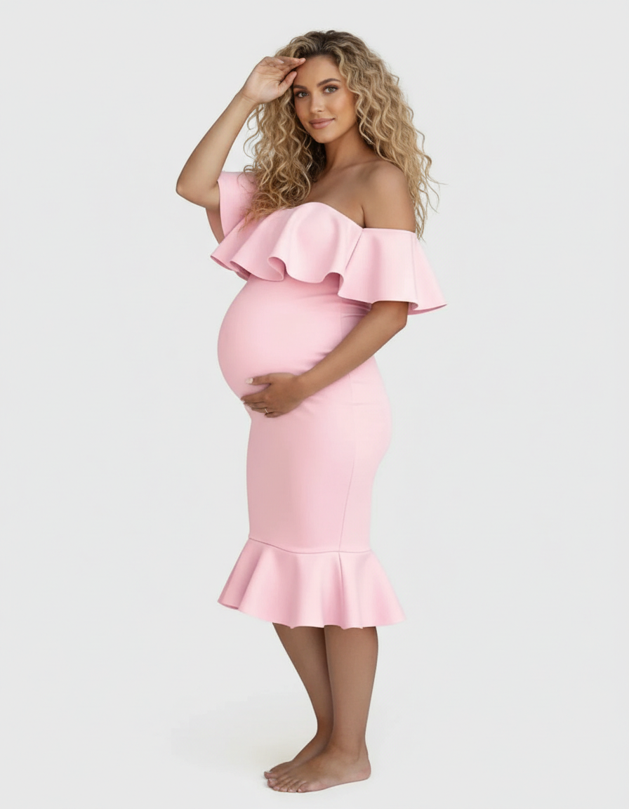 Bump Society – The Comfort Collection: Ruffled Off-Shoulder Mermaid Hem Maternity Photography Gown-Bump Society