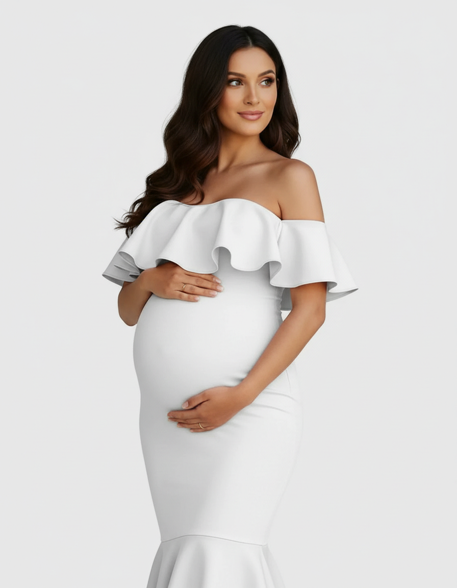Bump Society – The Comfort Collection: Ruffled Off-Shoulder Mermaid Hem Maternity Photography Gown-Bump Society