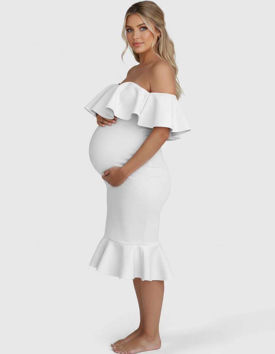 Bump Society – The Comfort Collection: Ruffled Off-Shoulder Mermaid Hem Maternity Photography Gown-Bump Society