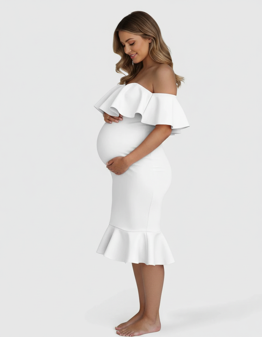 Bump Society – The Comfort Collection: Ruffled Off-Shoulder Mermaid Hem Maternity Photography Gown-Bump Society