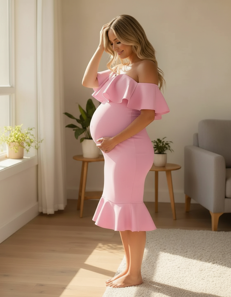 Bump Society – The Comfort Collection: Ruffled Off-Shoulder Mermaid Hem Maternity Photography Gown-Bump Society