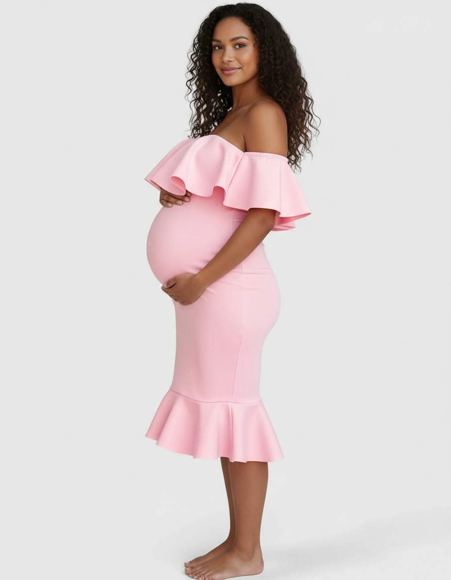 Bump Society – The Comfort Collection: Ruffled Off-Shoulder Mermaid Hem Maternity Photography Gown-Bump Society