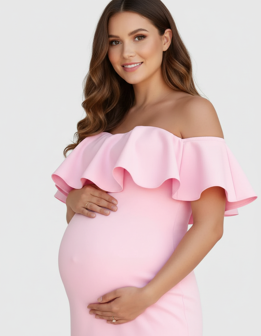 Bump Society – The Comfort Collection: Ruffled Off-Shoulder Mermaid Hem Maternity Photography Gown-Bump Society