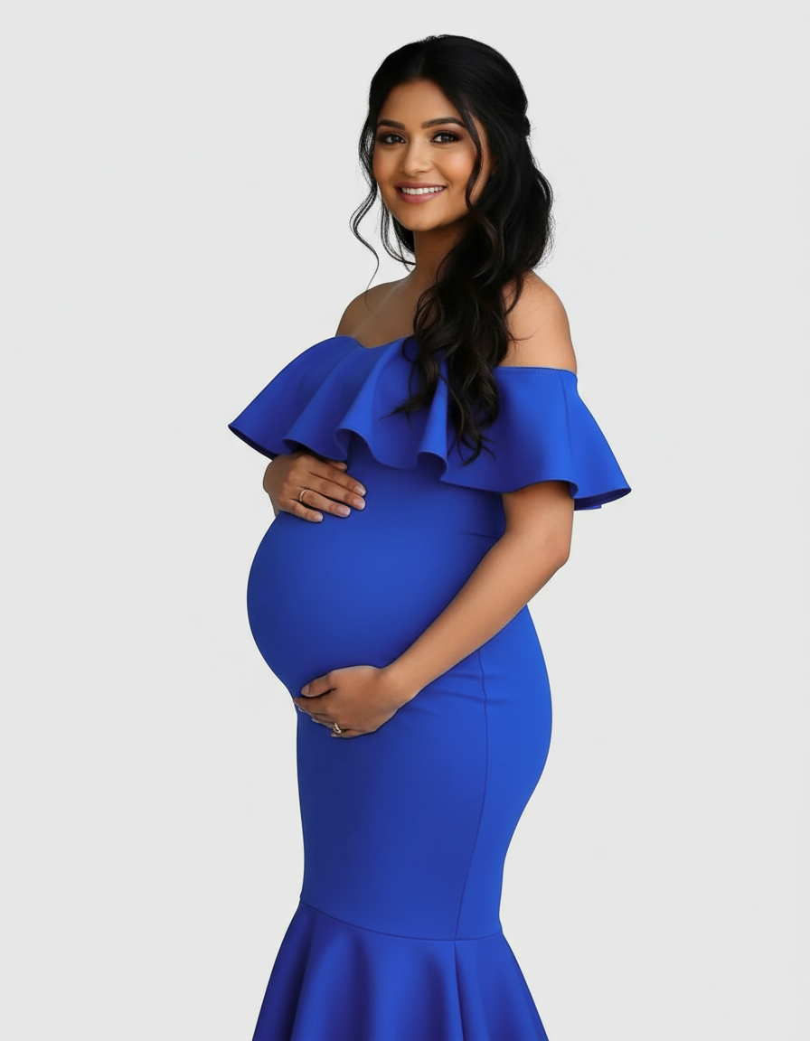 Bump Society – The Comfort Collection: Ruffled Off-Shoulder Mermaid Hem Maternity Photography Gown-Bump Society