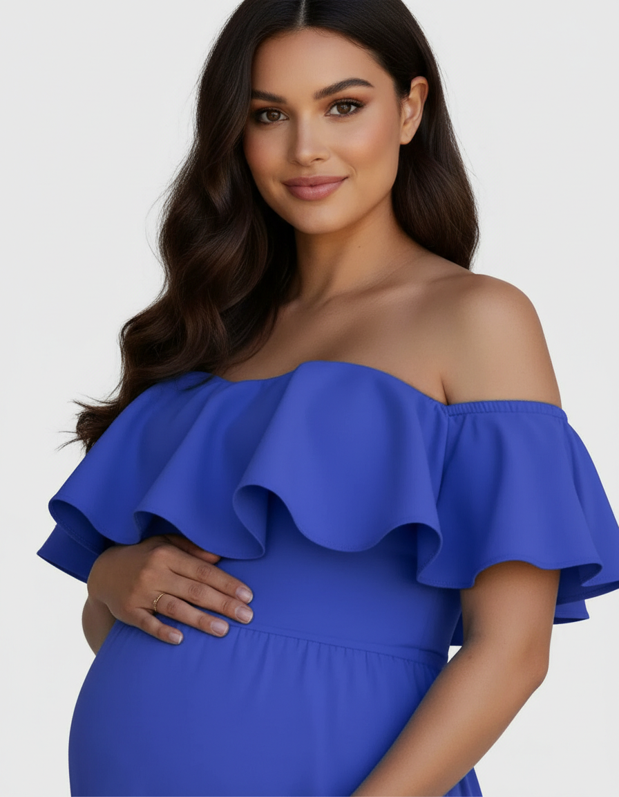 Bump Society – The Comfort Collection: Ruffled Off-Shoulder Mermaid Hem Maternity Photography Gown-Bump Society