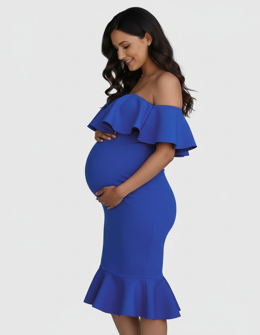 Bump Society – The Comfort Collection: Ruffled Off-Shoulder Mermaid Hem Maternity Photography Gown-Bump Society