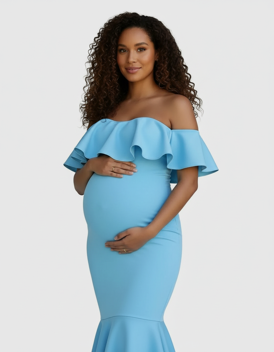 Bump Society – The Comfort Collection: Ruffled Off-Shoulder Mermaid Hem Maternity Photography Gown-Bump Society