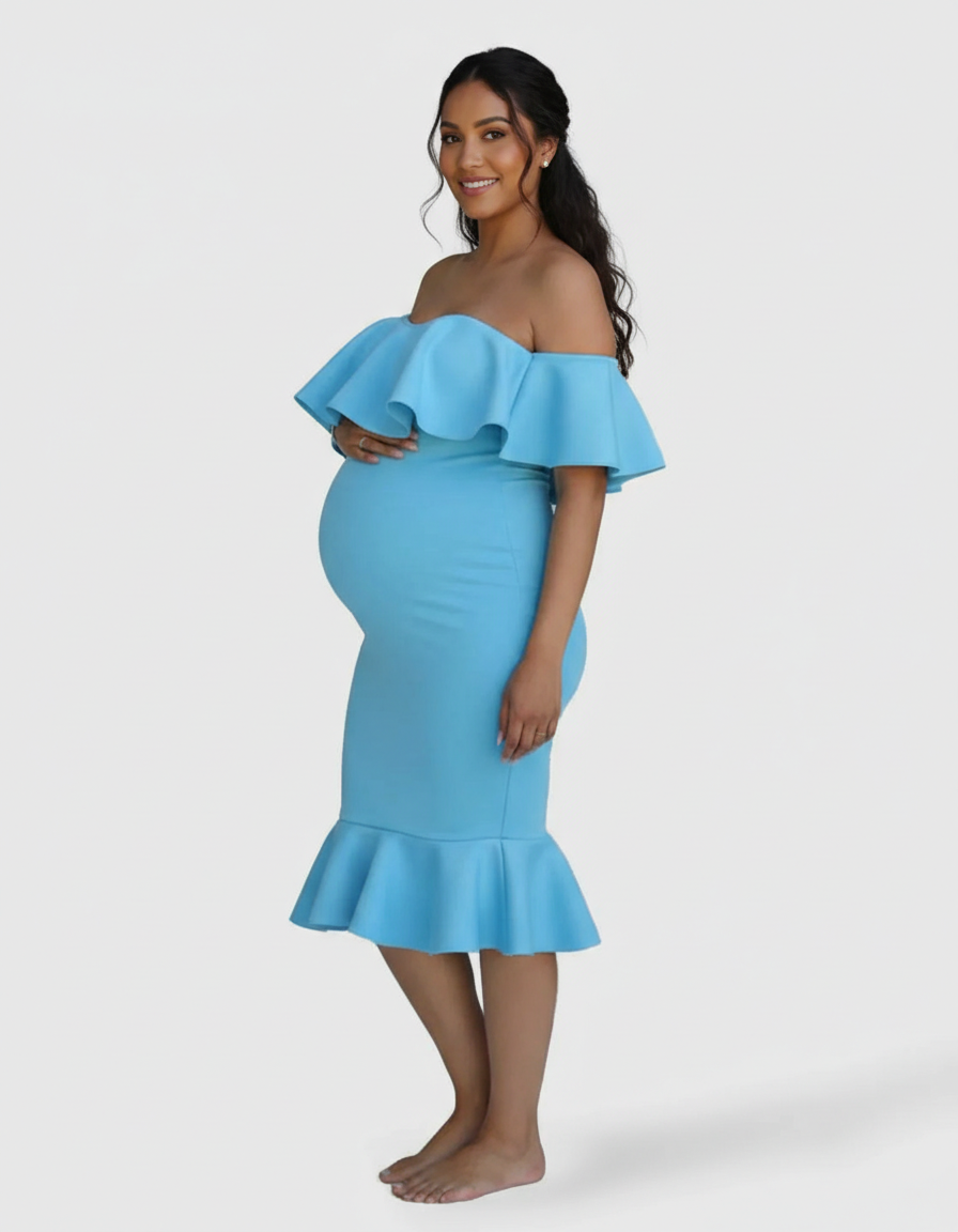 Bump Society – The Comfort Collection: Ruffled Off-Shoulder Mermaid Hem Maternity Photography Gown-Bump Society