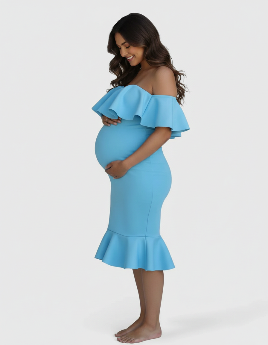 Bump Society – The Comfort Collection: Ruffled Off-Shoulder Mermaid Hem Maternity Photography Gown-Bump Society