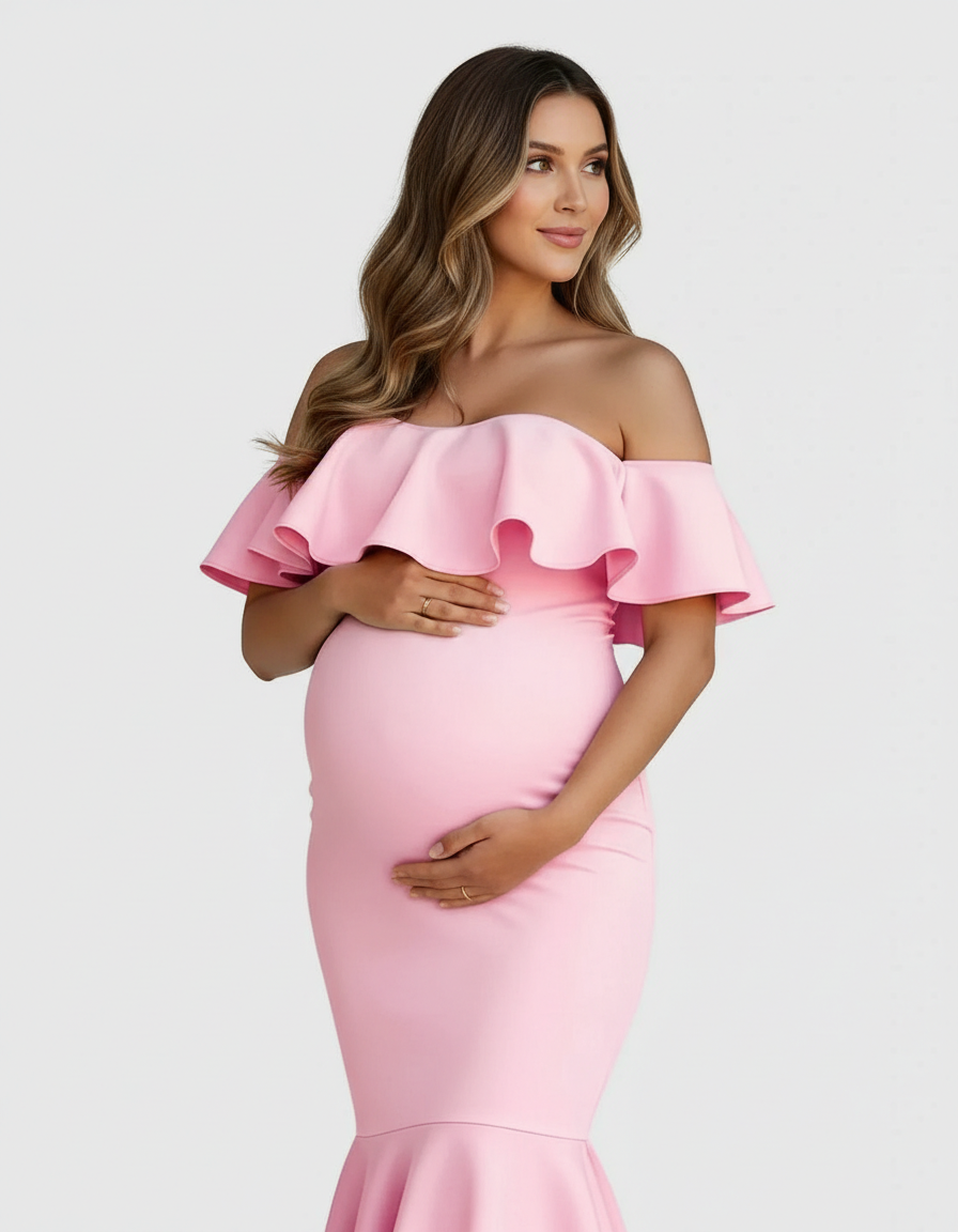 Bump Society – The Comfort Collection: Ruffled Off-Shoulder Mermaid Hem Maternity Photography Gown-Bump Society
