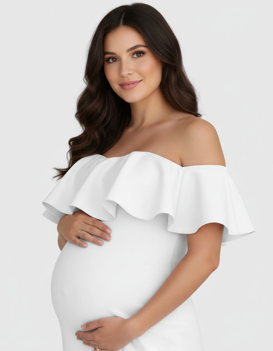 Bump Society – The Comfort Collection: Ruffled Off-Shoulder Mermaid Hem Maternity Photography Gown-Bump Society