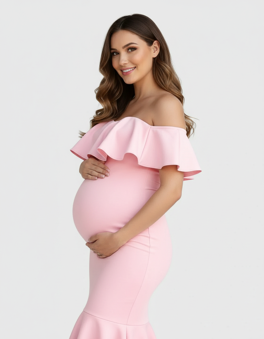 Bump Society – The Comfort Collection: Ruffled Off-Shoulder Mermaid Hem Maternity Photography Gown-Bump Society