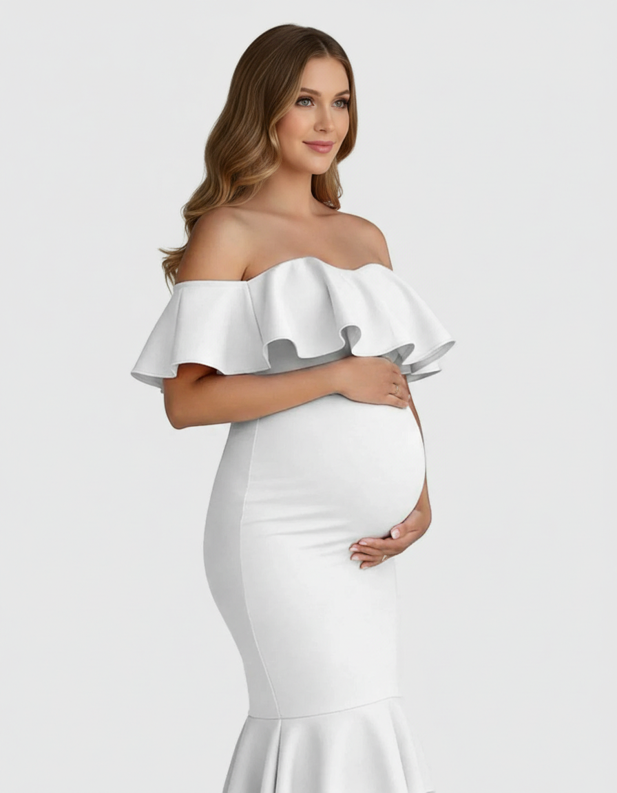Bump Society – The Comfort Collection: Ruffled Off-Shoulder Mermaid Hem Maternity Photography Gown-Bump Society