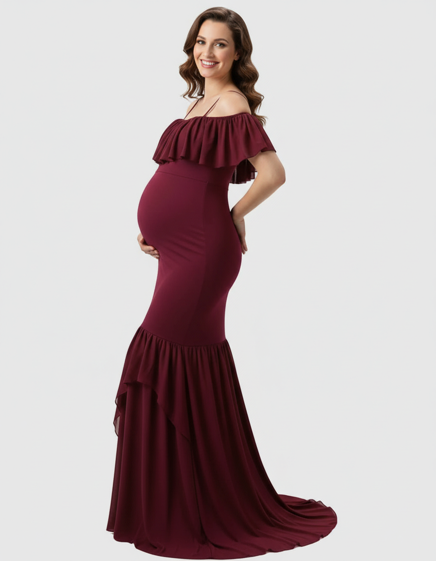 Bump Society – The Comfort Collection: Ruffled Off-Shoulder Mermaid Train Maternity Photoshoot Dress-Bump Society