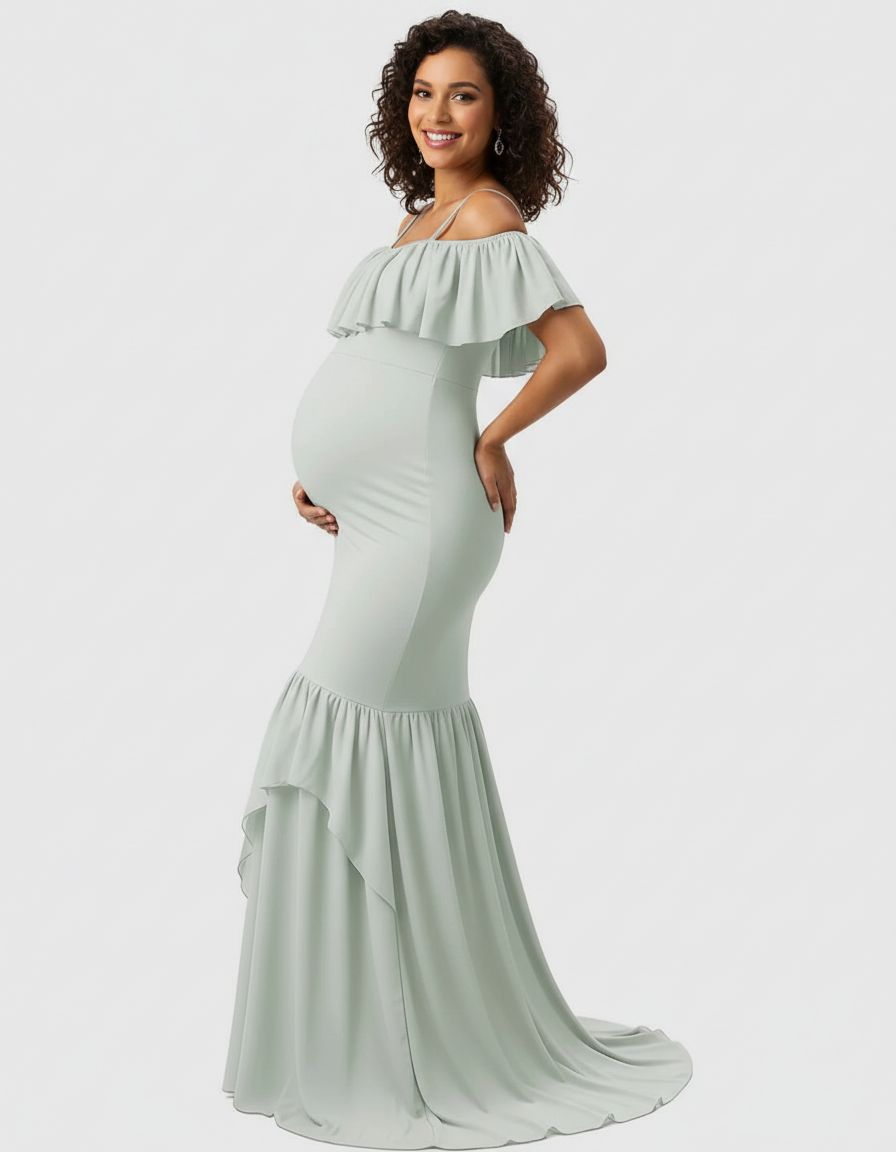 Bump Society – The Comfort Collection: Ruffled Off-Shoulder Mermaid Train Maternity Photoshoot Dress-Bump Society