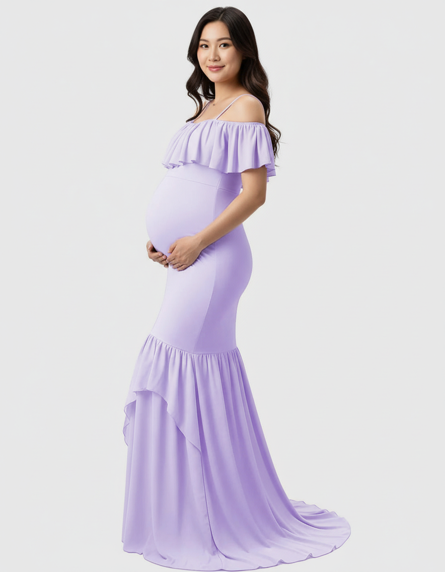 Bump Society – The Comfort Collection: Ruffled Off-Shoulder Mermaid Train Maternity Photoshoot Dress-Bump Society