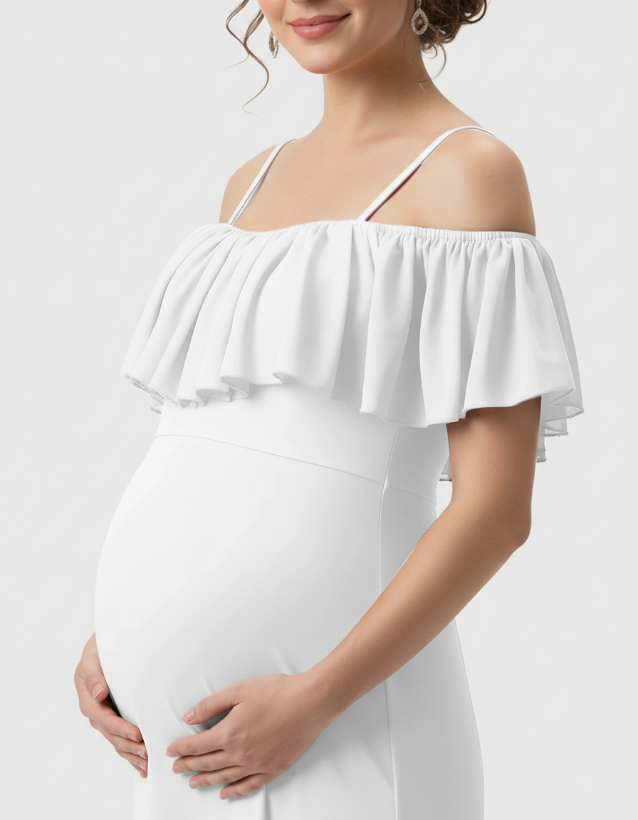 Bump Society – The Comfort Collection: Ruffled Off-Shoulder Mermaid Train Maternity Photoshoot Dress-Bump Society