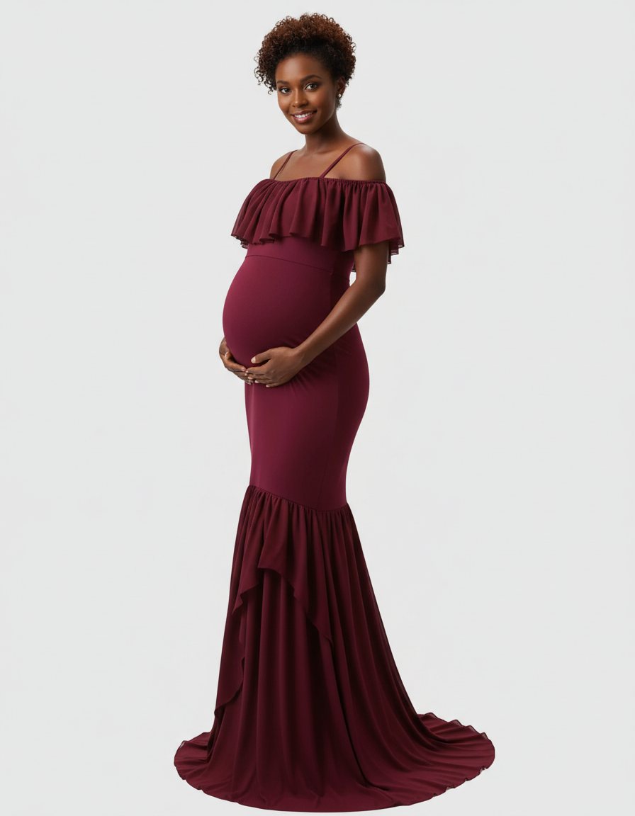 Bump Society – The Comfort Collection: Ruffled Off-Shoulder Mermaid Train Maternity Photoshoot Dress-Bump Society