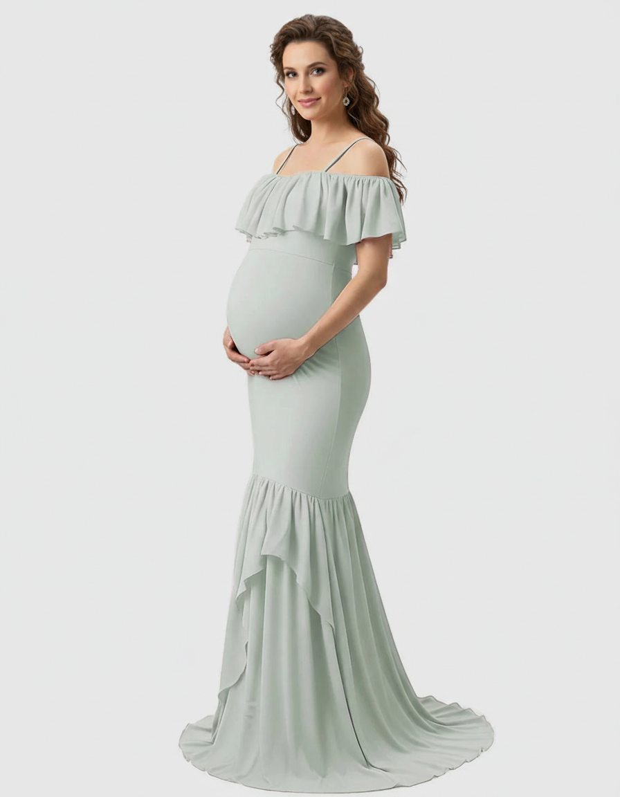 Bump Society – The Comfort Collection: Ruffled Off-Shoulder Mermaid Train Maternity Photoshoot Dress-Bump Society