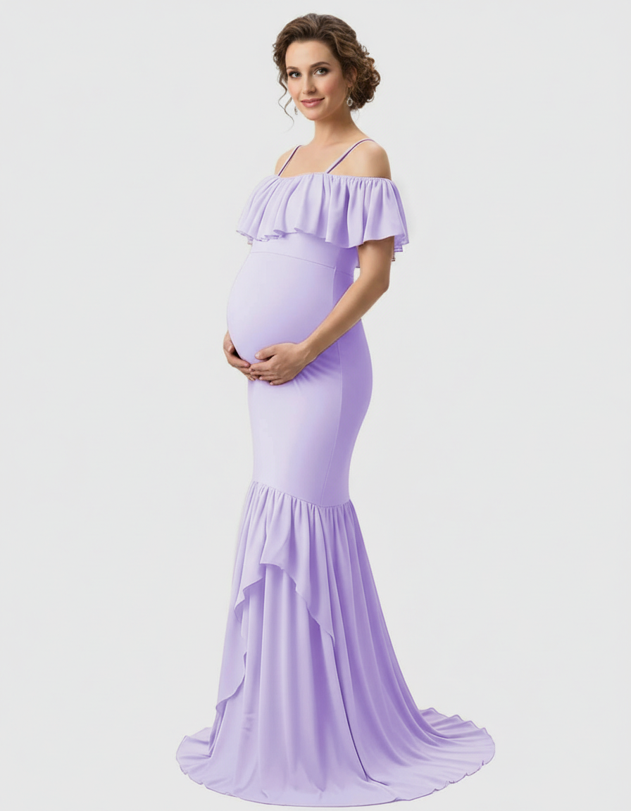 Bump Society – The Comfort Collection: Ruffled Off-Shoulder Mermaid Train Maternity Photoshoot Dress-Bump Society