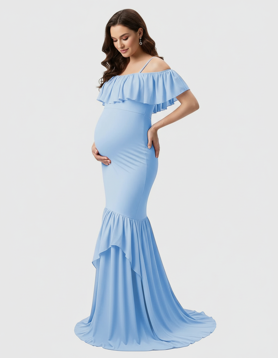 Bump Society – The Comfort Collection: Ruffled Off-Shoulder Mermaid Train Maternity Photoshoot Dress-Bump Society
