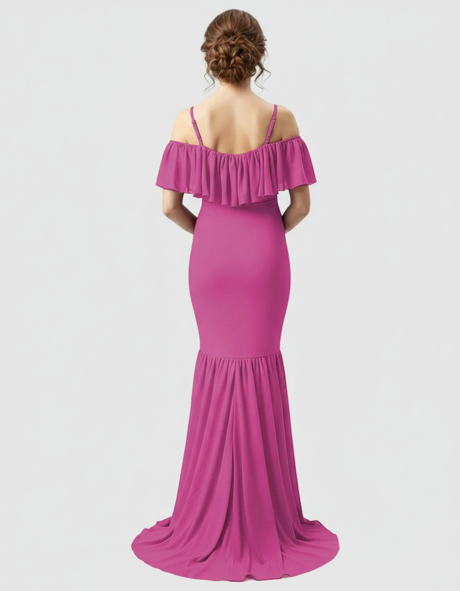 Bump Society – The Comfort Collection: Ruffled Off-Shoulder Mermaid Train Maternity Photoshoot Dress-Bump Society