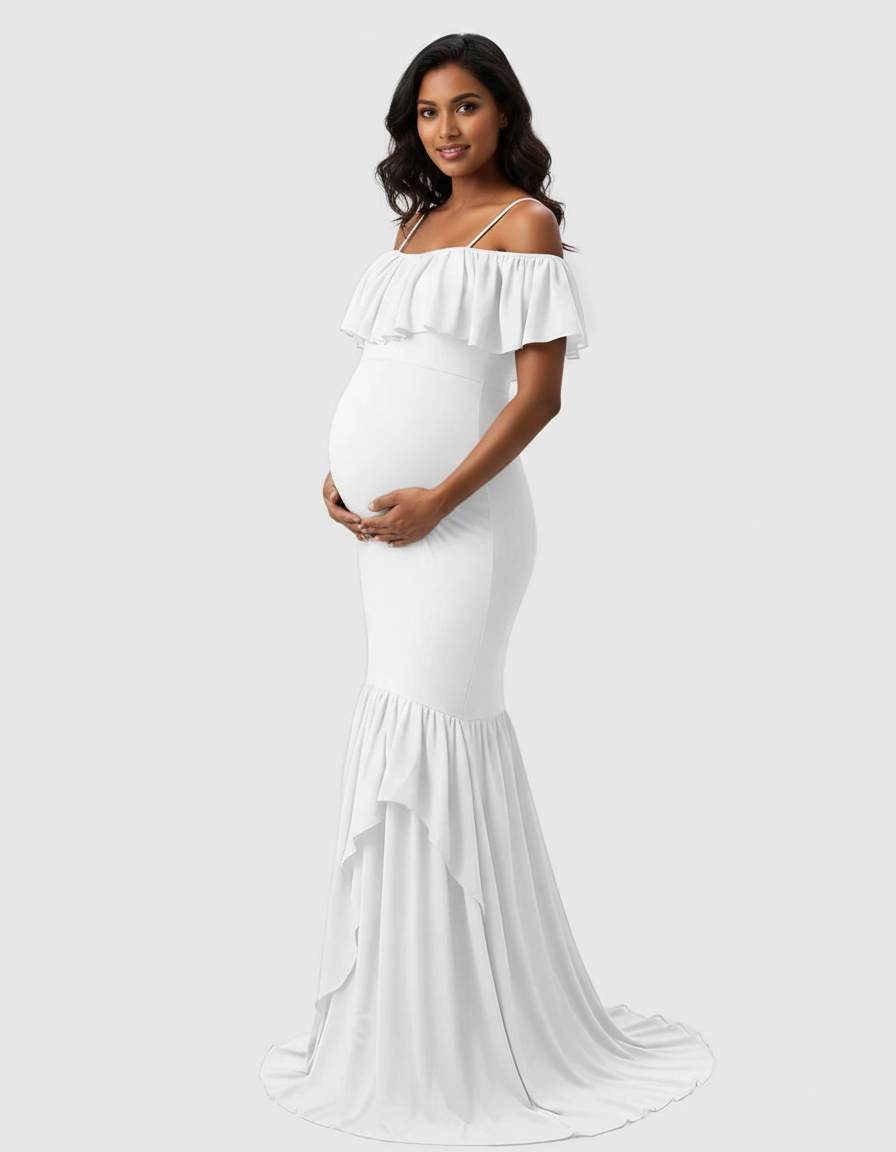 Bump Society – The Comfort Collection: Ruffled Off-Shoulder Mermaid Train Maternity Photoshoot Dress-Bump Society