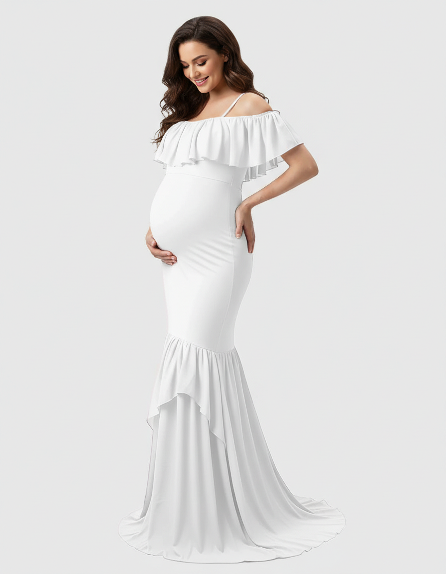 Bump Society – The Comfort Collection: Ruffled Off-Shoulder Mermaid Train Maternity Photoshoot Dress-Bump Society