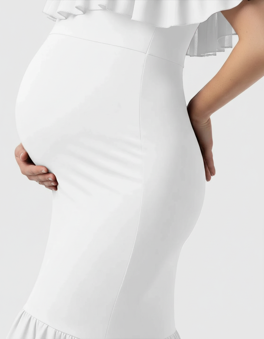 Bump Society – The Comfort Collection: Ruffled Off-Shoulder Mermaid Train Maternity Photoshoot Dress-Bump Society