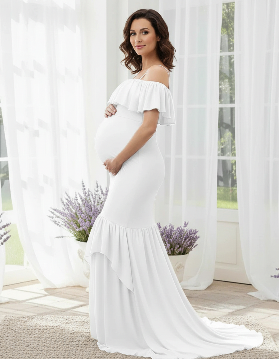 Bump Society – The Comfort Collection: Ruffled Off-Shoulder Mermaid Train Maternity Photoshoot Dress-Bump Society