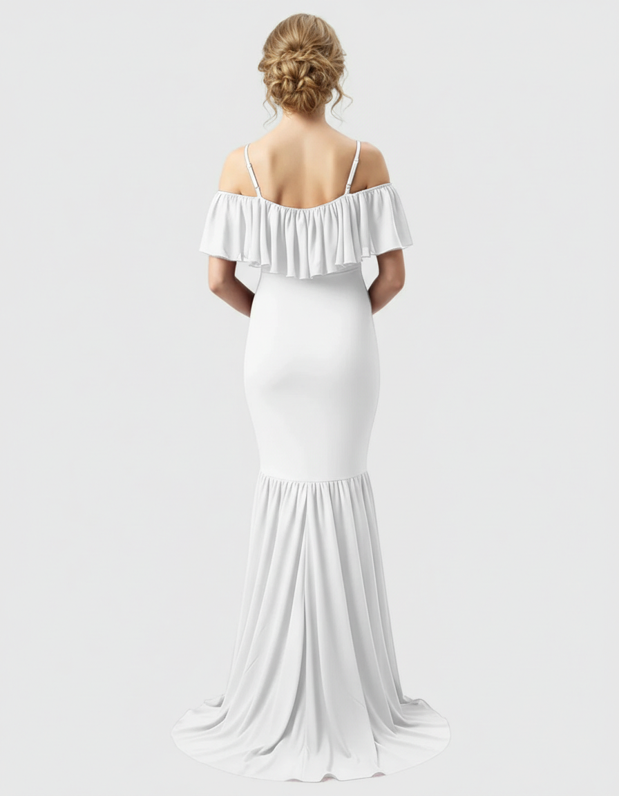 Bump Society – The Comfort Collection: Ruffled Off-Shoulder Mermaid Train Maternity Photoshoot Dress-Bump Society