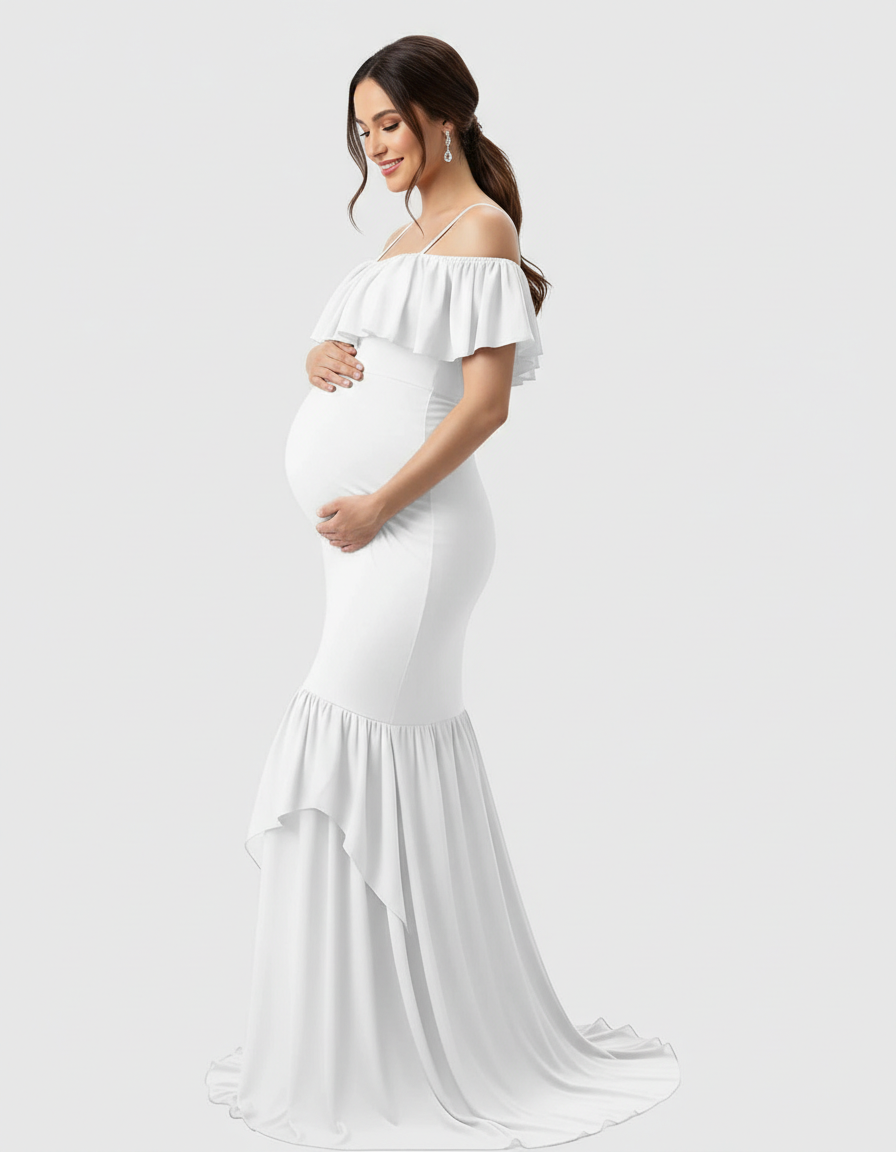 Bump Society – The Comfort Collection: Ruffled Off-Shoulder Mermaid Train Maternity Photoshoot Dress-Bump Society