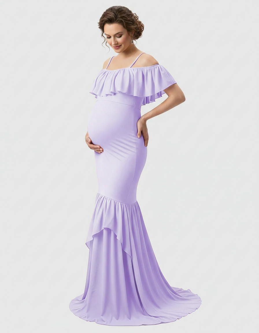 Bump Society – The Comfort Collection: Ruffled Off-Shoulder Mermaid Train Maternity Photoshoot Dress-Bump Society