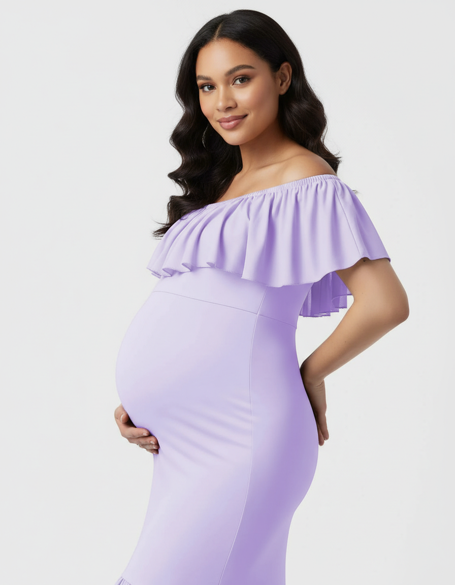 Bump Society – The Comfort Collection: Ruffled Off-Shoulder Mermaid Train Maternity Photoshoot Dress-Bump Society