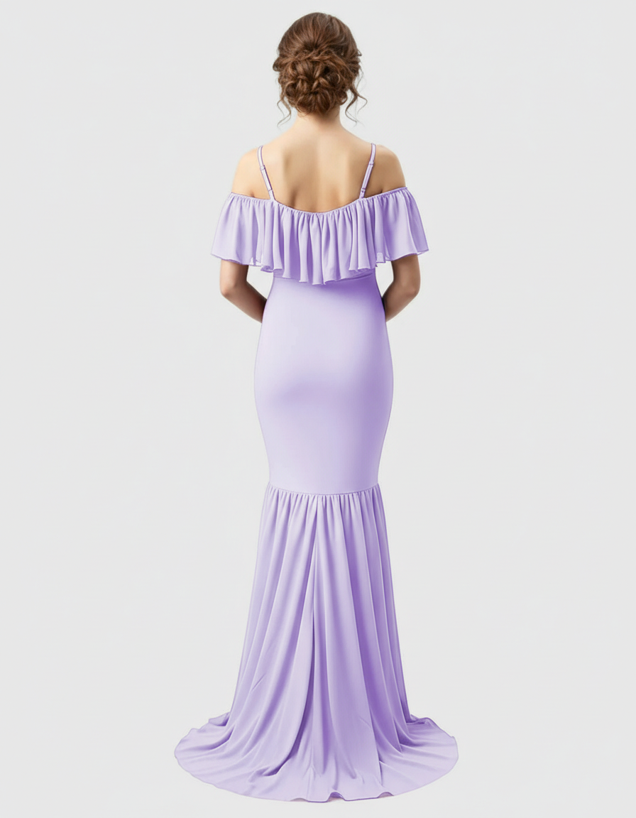 Bump Society – The Comfort Collection: Ruffled Off-Shoulder Mermaid Train Maternity Photoshoot Dress-Bump Society