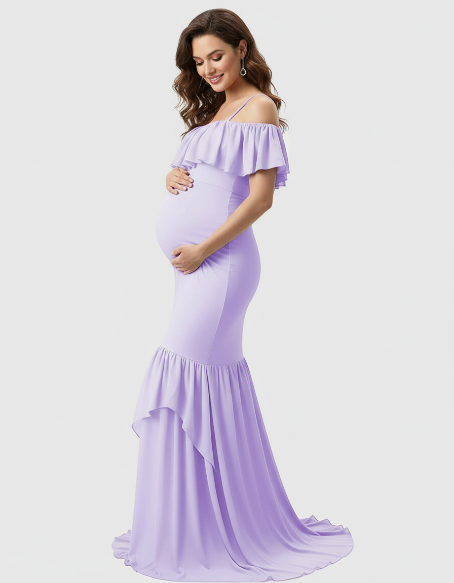 Bump Society – The Comfort Collection: Ruffled Off-Shoulder Mermaid Train Maternity Photoshoot Dress-Bump Society