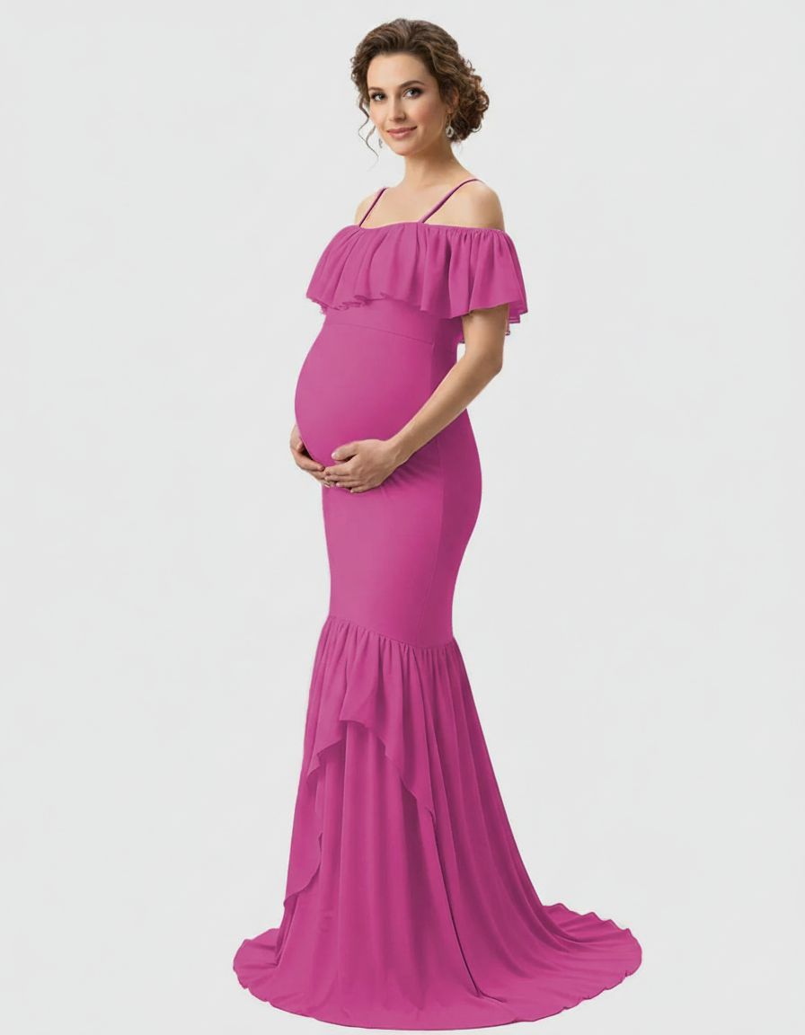 Bump Society – The Comfort Collection: Ruffled Off-Shoulder Mermaid Train Maternity Photoshoot Dress-Bump Society