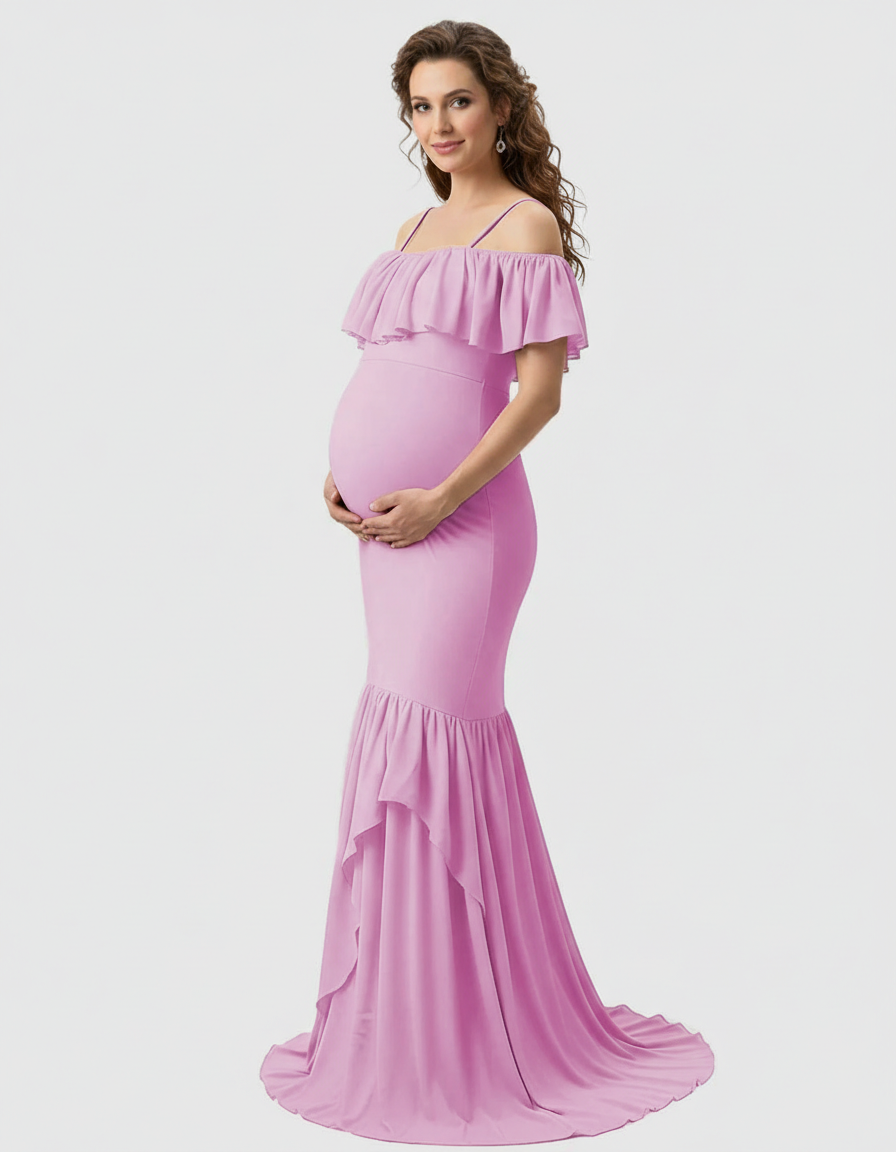 Bump Society – The Comfort Collection: Ruffled Off-Shoulder Mermaid Train Maternity Photoshoot Dress-Bump Society
