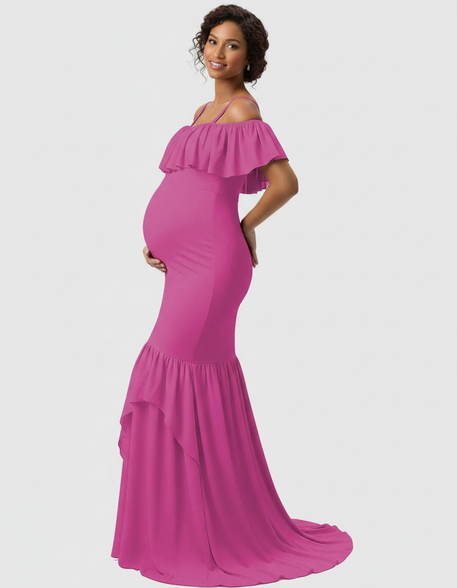 Bump Society – The Comfort Collection: Ruffled Off-Shoulder Mermaid Train Maternity Photoshoot Dress-Bump Society