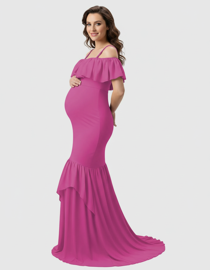 Bump Society – The Comfort Collection: Ruffled Off-Shoulder Mermaid Train Maternity Photoshoot Dress-Bump Society