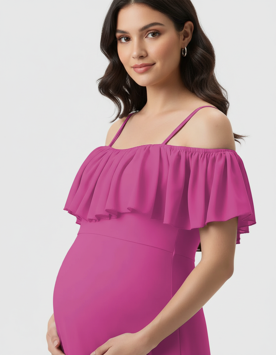 Bump Society – The Comfort Collection: Ruffled Off-Shoulder Mermaid Train Maternity Photoshoot Dress-Bump Society