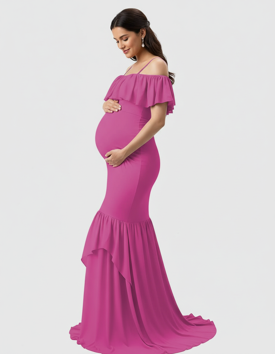 Bump Society – The Comfort Collection: Ruffled Off-Shoulder Mermaid Train Maternity Photoshoot Dress-Bump Society