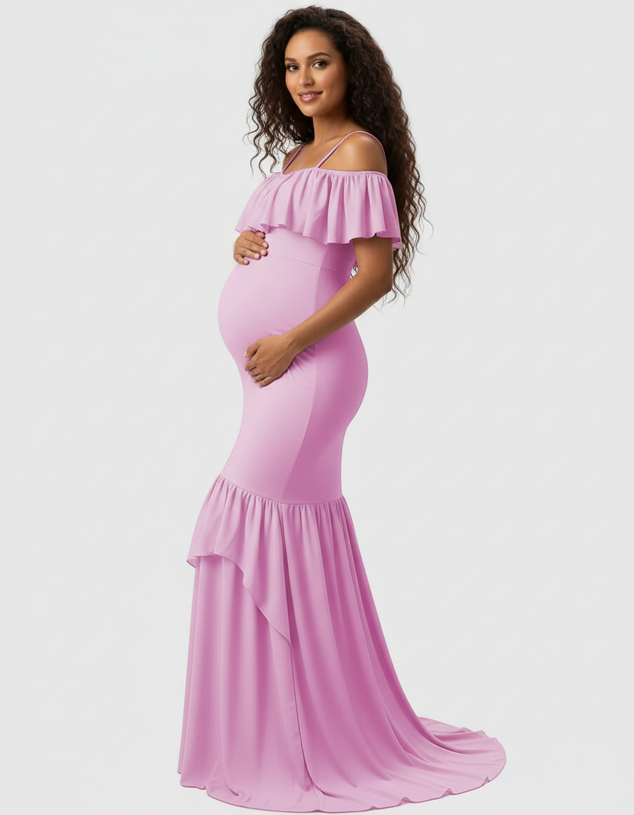 Bump Society – The Comfort Collection: Ruffled Off-Shoulder Mermaid Train Maternity Photoshoot Dress-Bump Society
