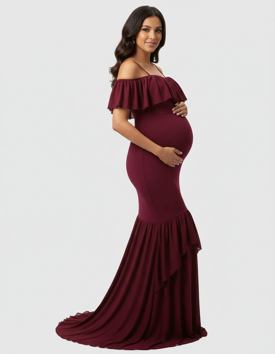 Bump Society – The Comfort Collection: Ruffled Off-Shoulder Mermaid Train Maternity Photoshoot Dress-Bump Society