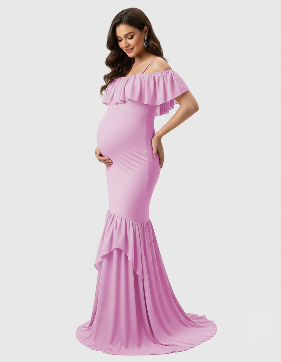 Bump Society – The Comfort Collection: Ruffled Off-Shoulder Mermaid Train Maternity Photoshoot Dress-Bump Society