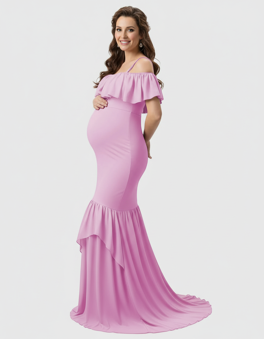 Bump Society – The Comfort Collection: Ruffled Off-Shoulder Mermaid Train Maternity Photoshoot Dress-Bump Society