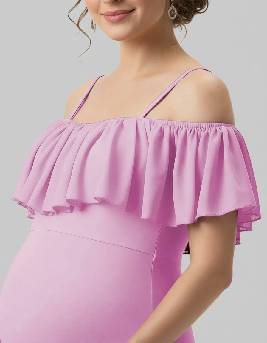 Bump Society – The Comfort Collection: Ruffled Off-Shoulder Mermaid Train Maternity Photoshoot Dress-Bump Society