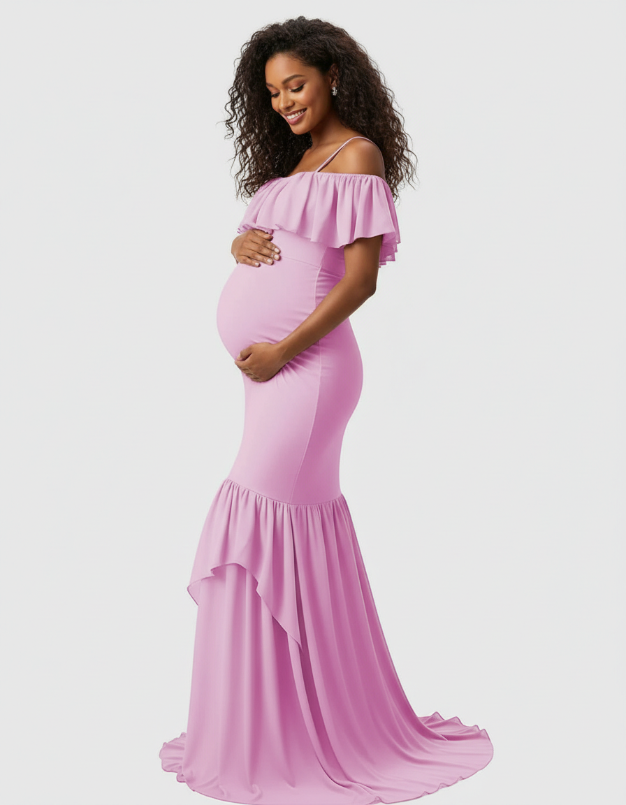 Bump Society – The Comfort Collection: Ruffled Off-Shoulder Mermaid Train Maternity Photoshoot Dress-Bump Society