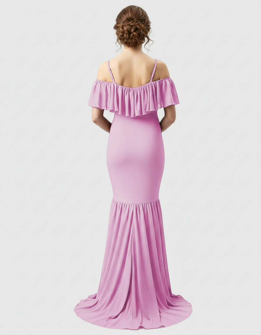 Bump Society – The Comfort Collection: Ruffled Off-Shoulder Mermaid Train Maternity Photoshoot Dress-Bump Society